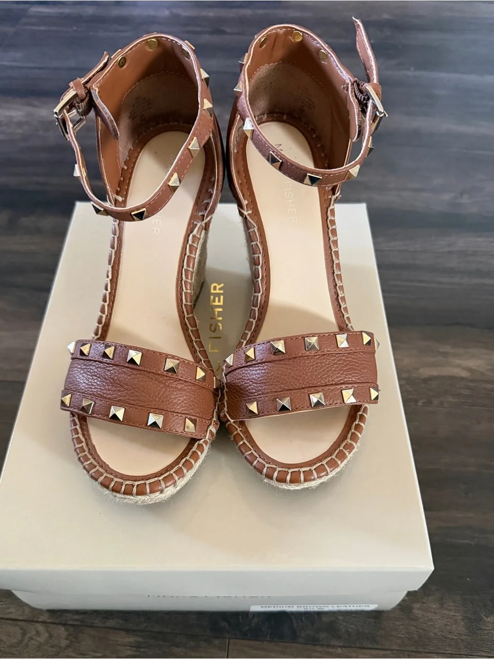Marc Fisher Brown Leather Studded Espadrille Wedges Sandal
